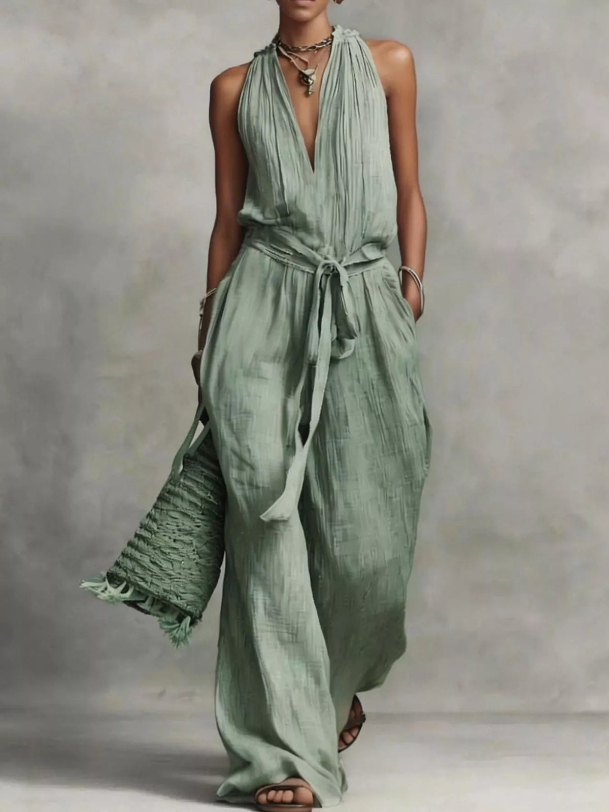Sage green sleeveless wide-leg jumpsuit with V-neck and tie waist belt