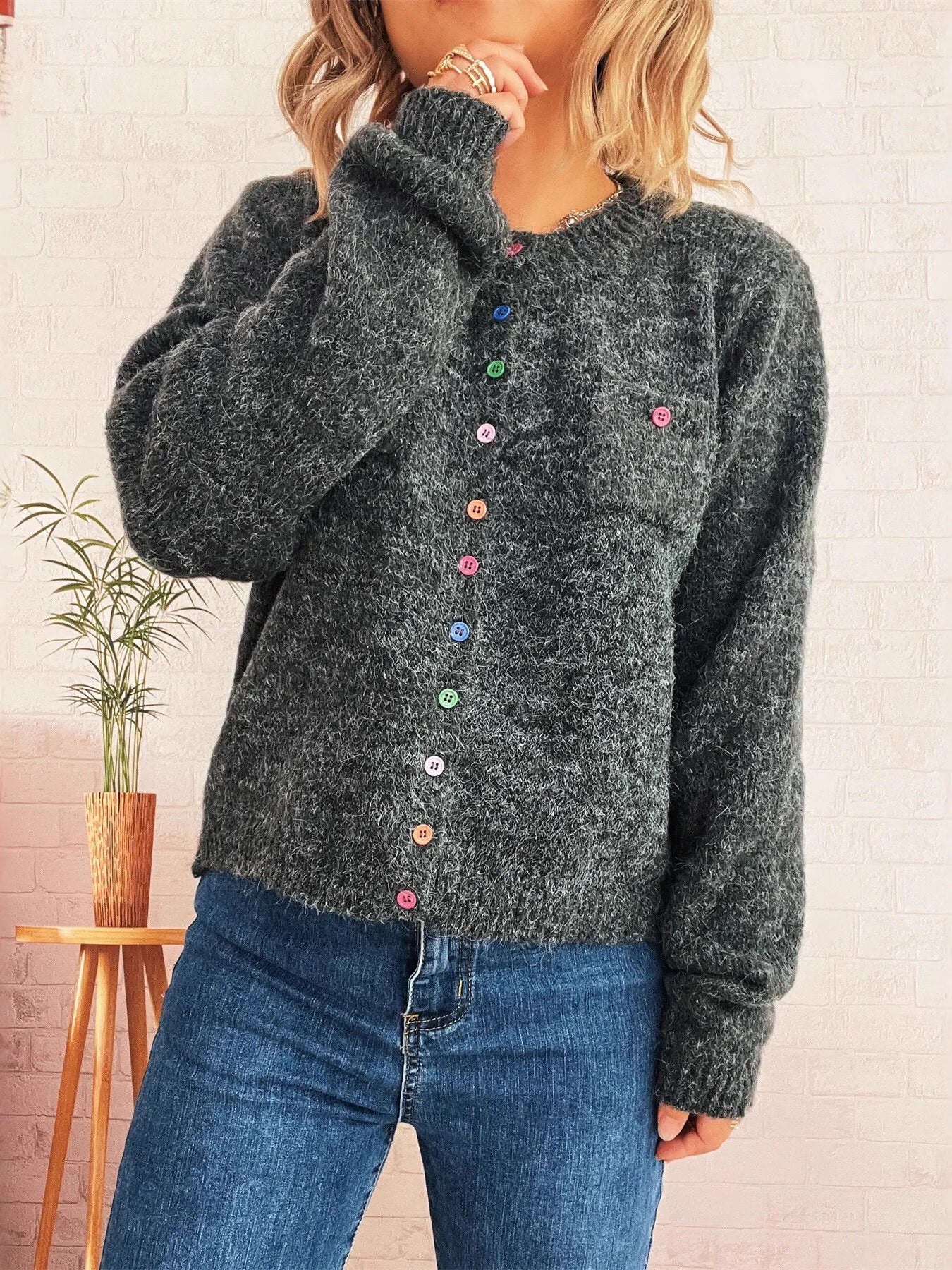Dark gray button-up ribbed cardigan with multicolor buttons, long puffed sleeves