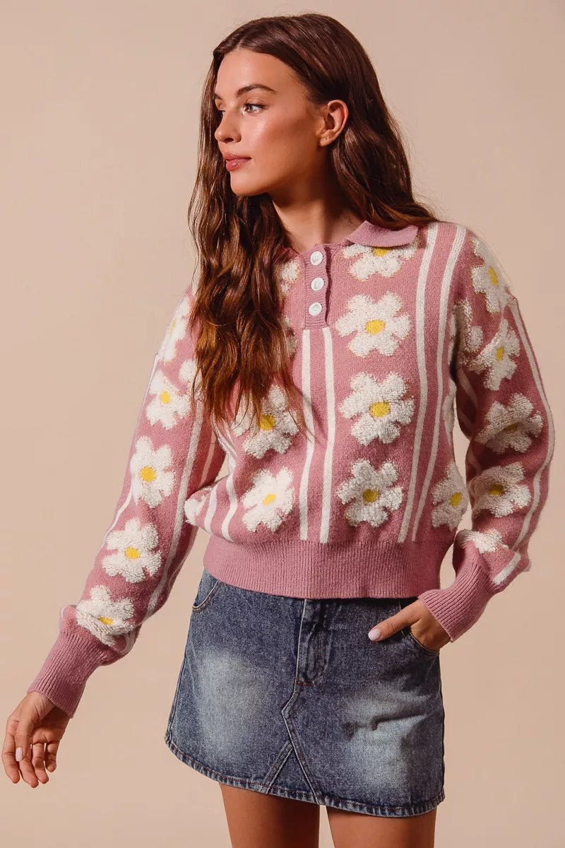 Mauve floral stripe polo-collar sweater with long sleeves and button placket