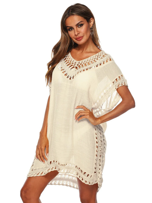 Bohemian crochet trim beach cover-up dress, white, short batwing sleeves and scalloped edges