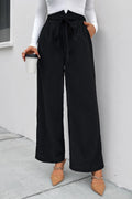 Black high-waist ruched tie-front wide-leg pants with bow detail