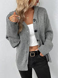 Gray hooded button cardigan with long sleeves and ribbed cuffs