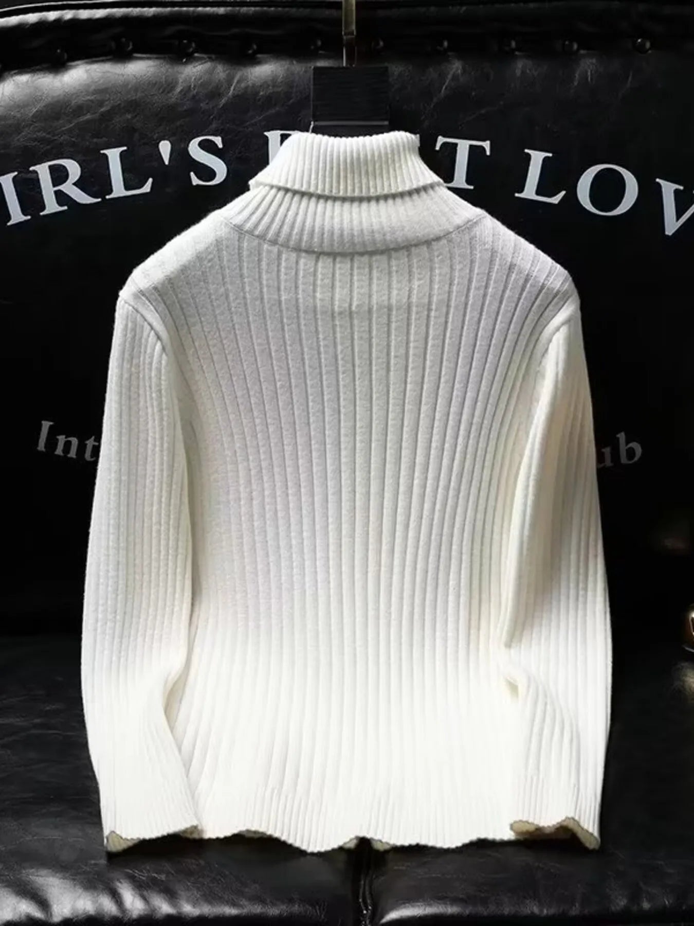 Ribbed turtleneck long sleeve sweater, white back view