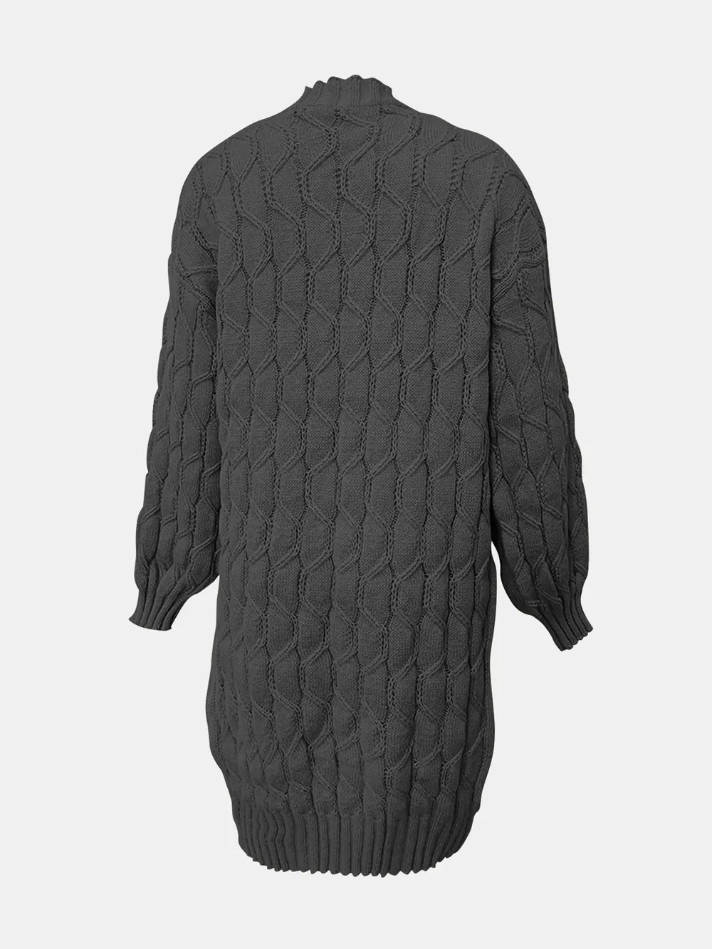 Open-front long sleeve cardigan, textured dark gray cable-knit back view