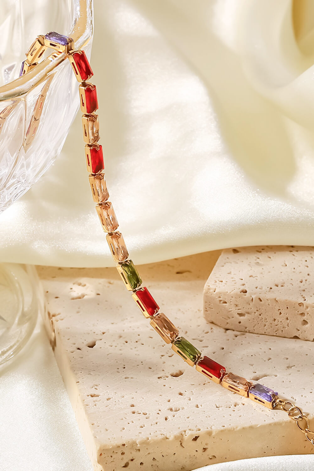 Gold-plated bracelet with multicolored cubic zirconia rectangular links along the chain
