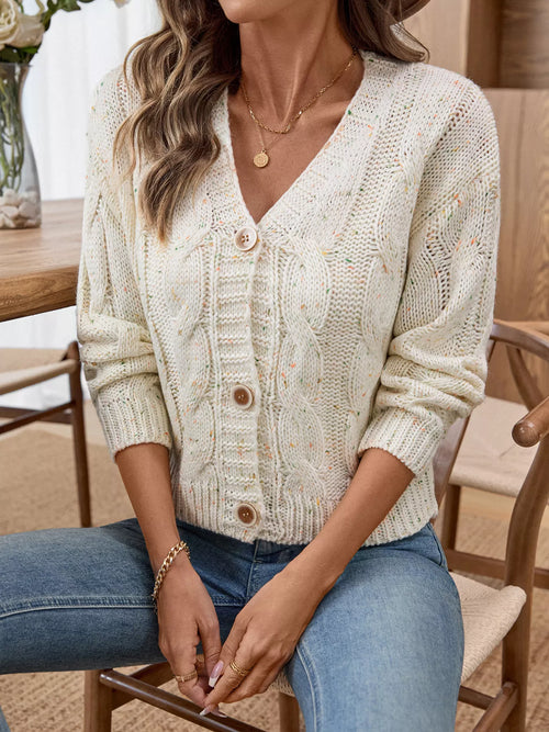 Beige cable knit cardigan with V-neck button front and long sleeves, knit texture