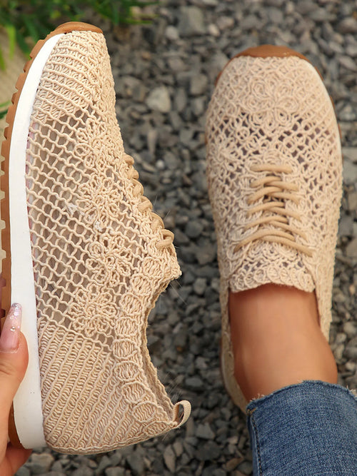 Beige mesh lace-up sneakers, front and side view with tan laces