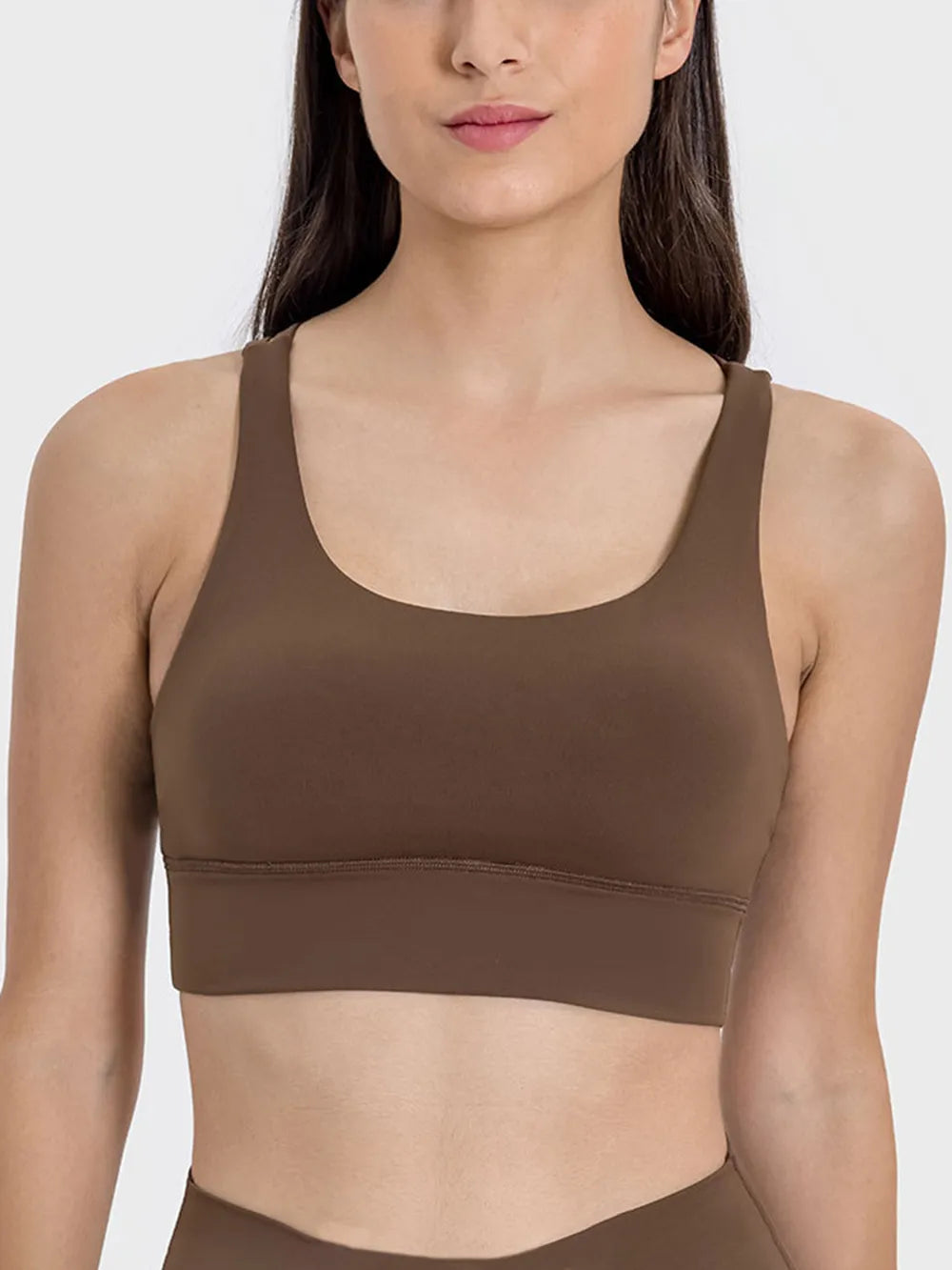 Dark brown scoop-neck active tank sports bra with snug stretch fit
