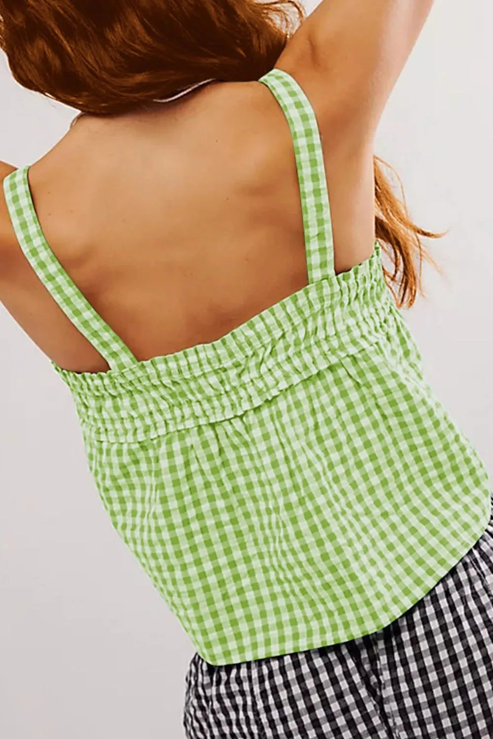 Green gingham square-neck cami with open back and thin adjustable shoulder straps