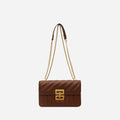 Brown vegan leather crossbody bag with gold chain strap and front flap logo clasp.