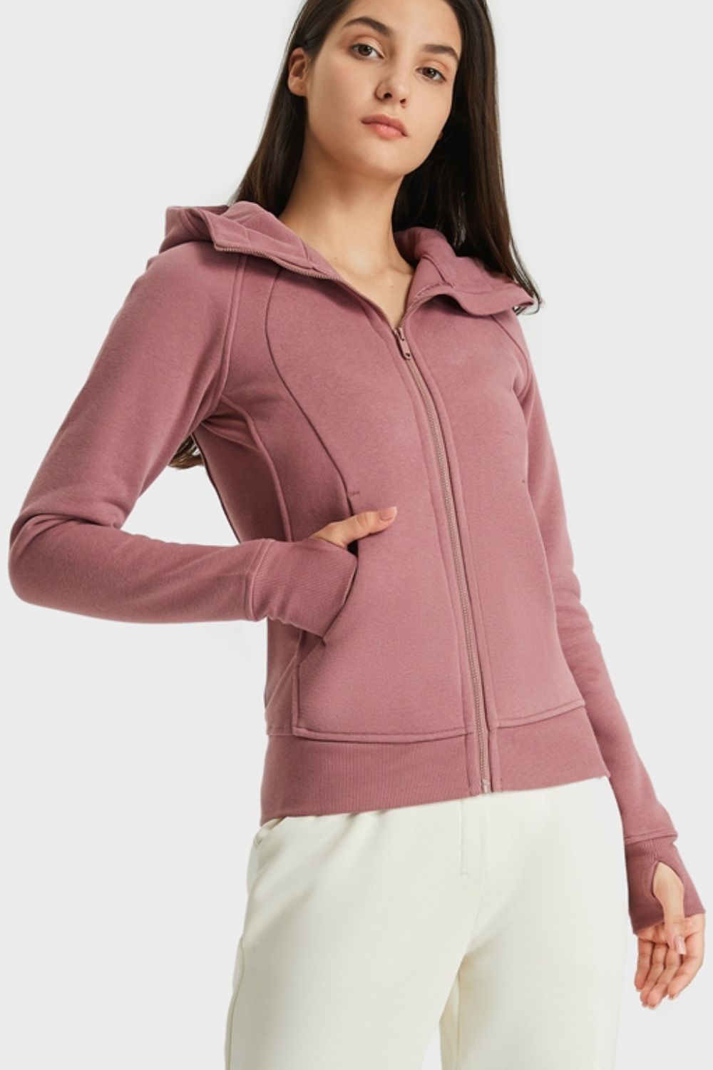 Dusty pink zip-up hooded sports jacket with front seam detail