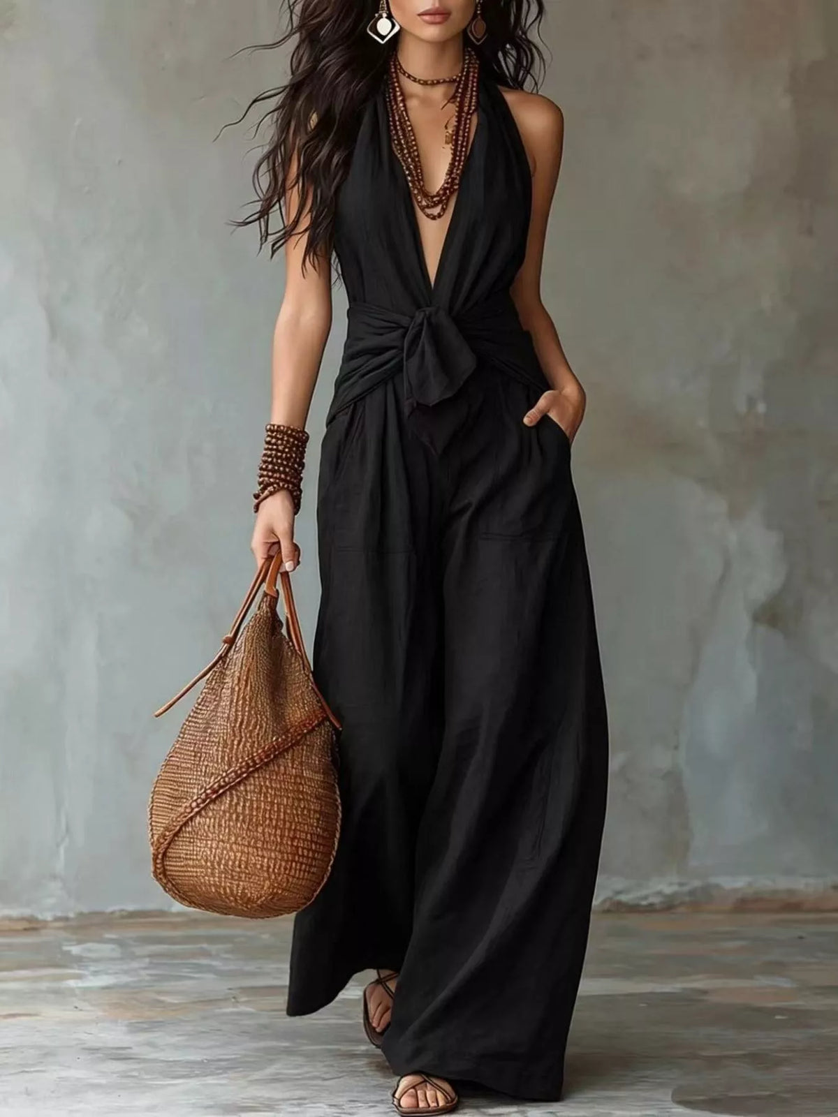 Black backless halter wide-leg jumpsuit with front tie bow at waist