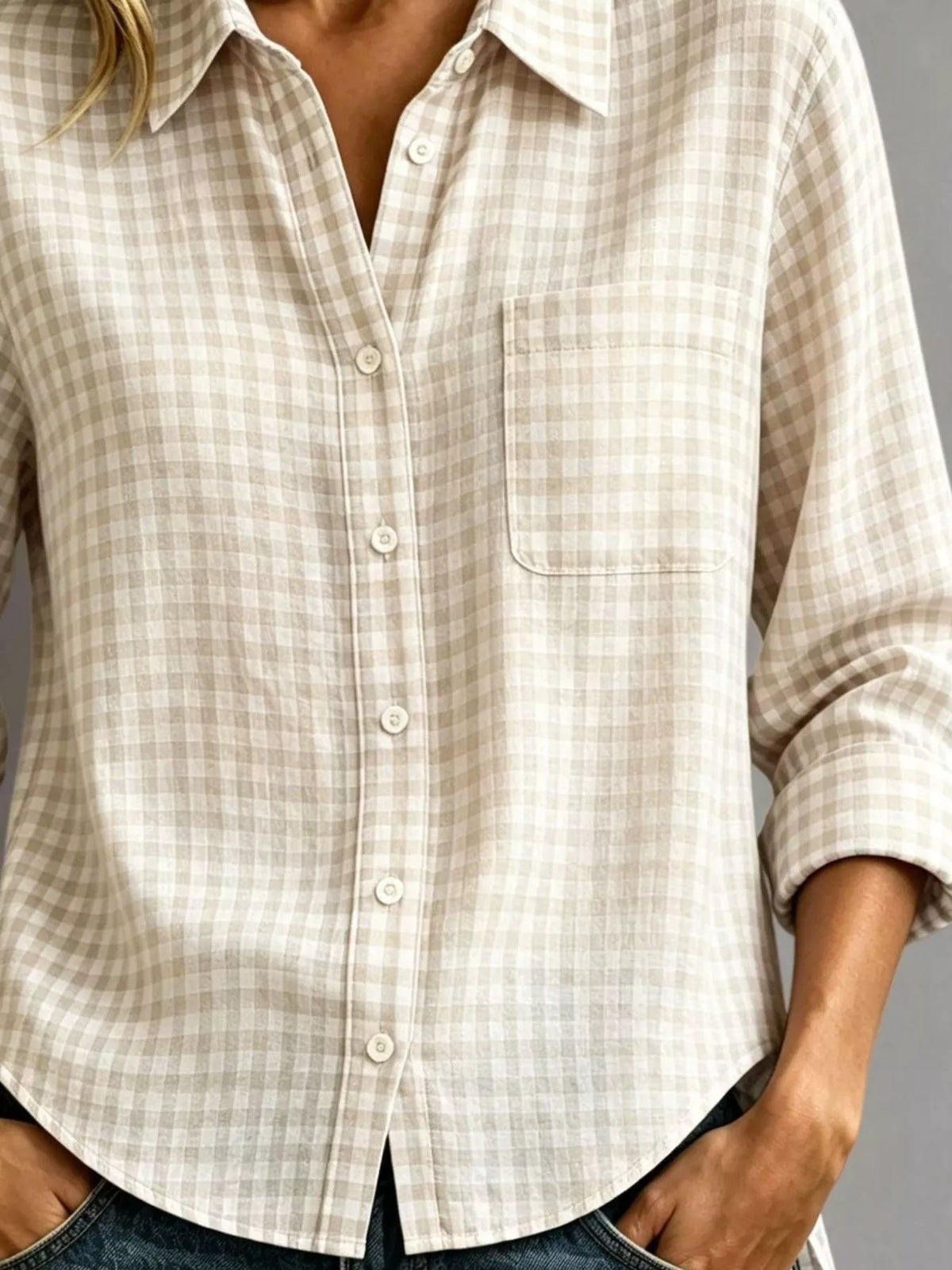 Beige gingham button-down shirt with long sleeves and chest pocket