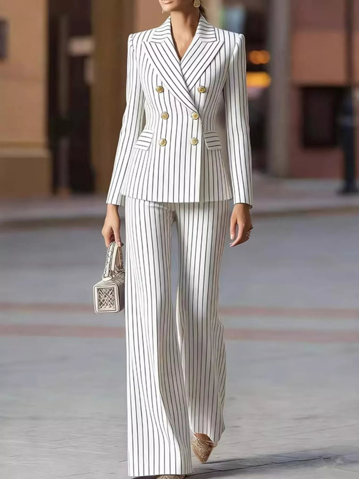 White pinstripe double-breasted blazer and wide-leg pants set with gold buttons