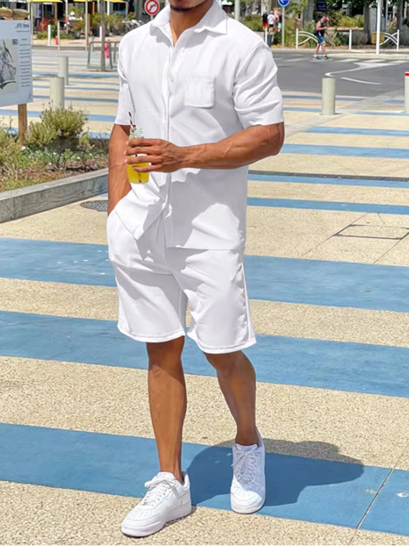 White button-up shirt and shorts set, short sleeves with chest pocket