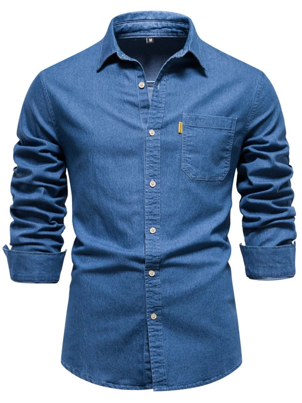 Men's blue denim button-up shirt with chest pocket and long sleeves