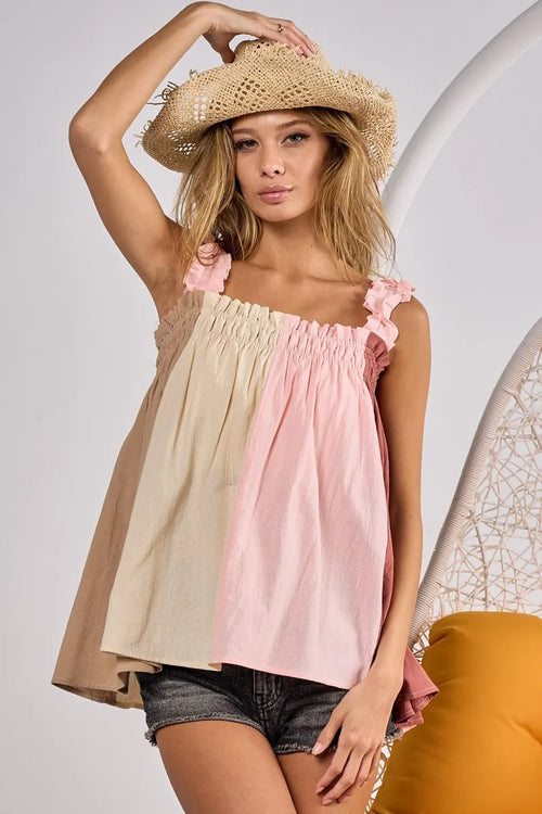 Color-block bodice top with pink & taupe frill straps and gathered neckline
