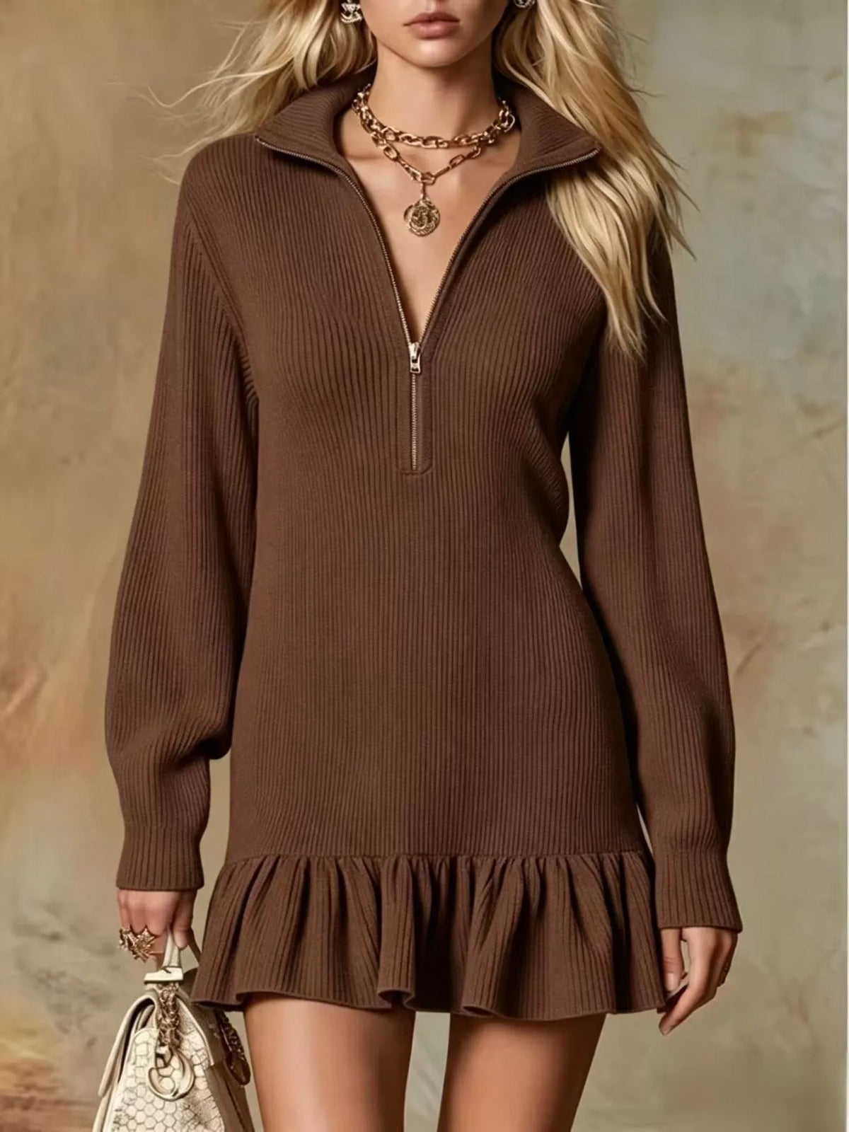 Dark brown ribbed stretch dress with half-zip collar and ruffle hem