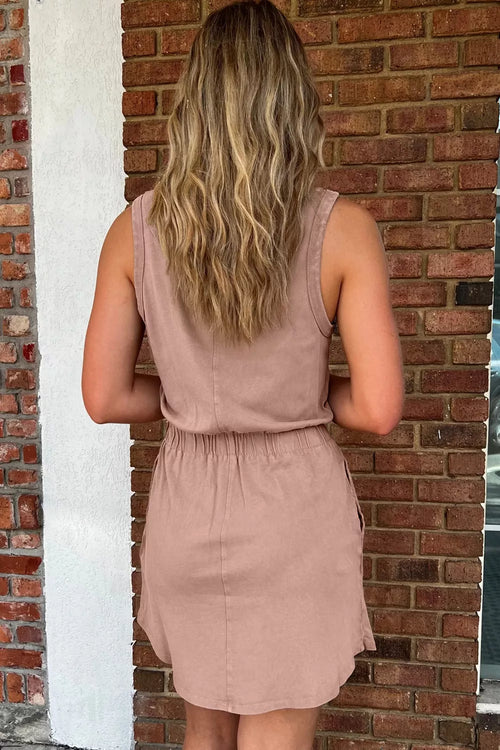 Sleeveless back of casual dress with elastic waist, muted mauve