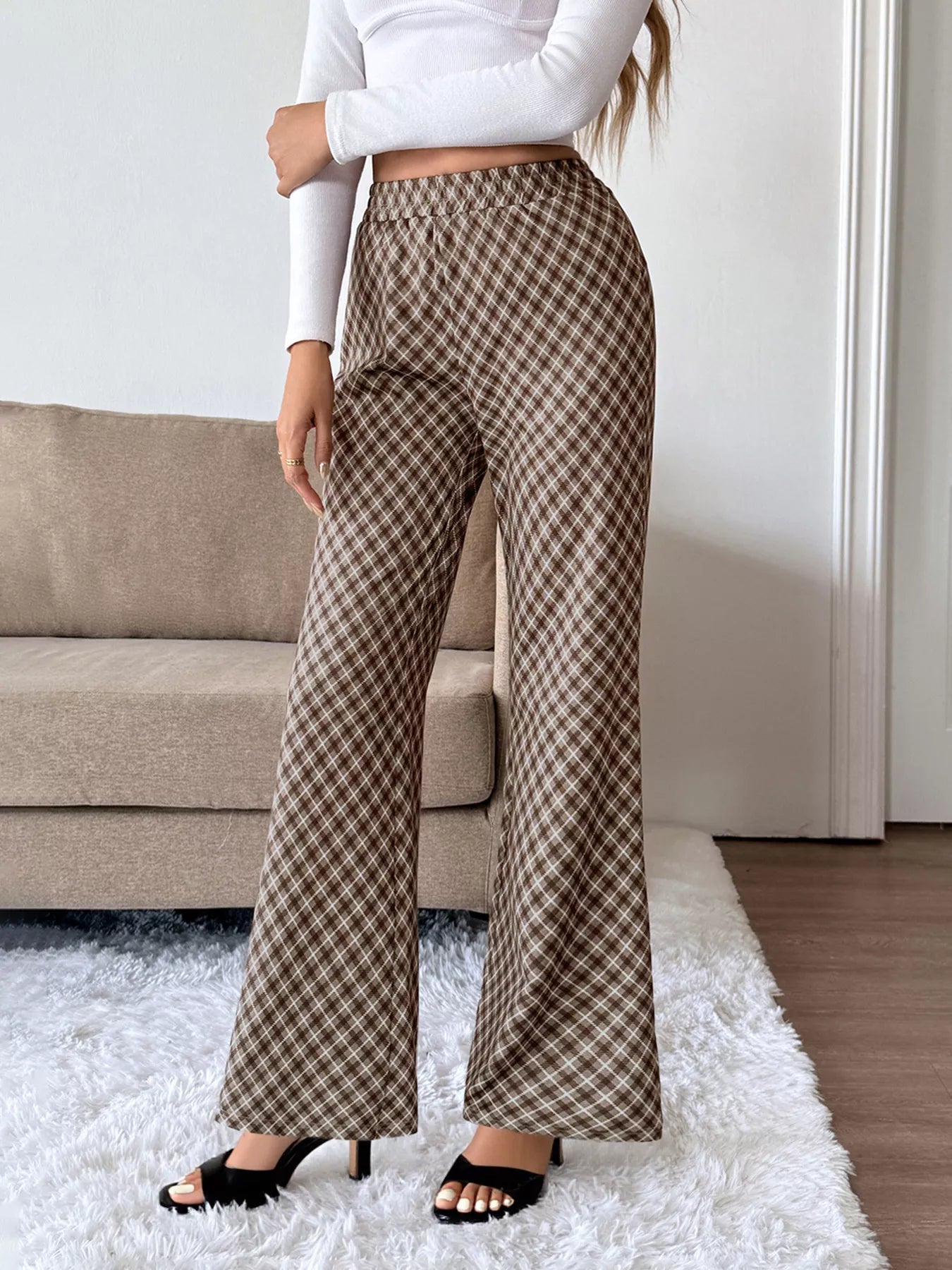 Brown plaid high-waisted wide-leg pants with diamond check print