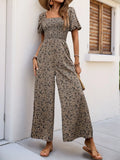 Taupe smocked square-neck jumpsuit with puff sleeves and allover print, wide-leg