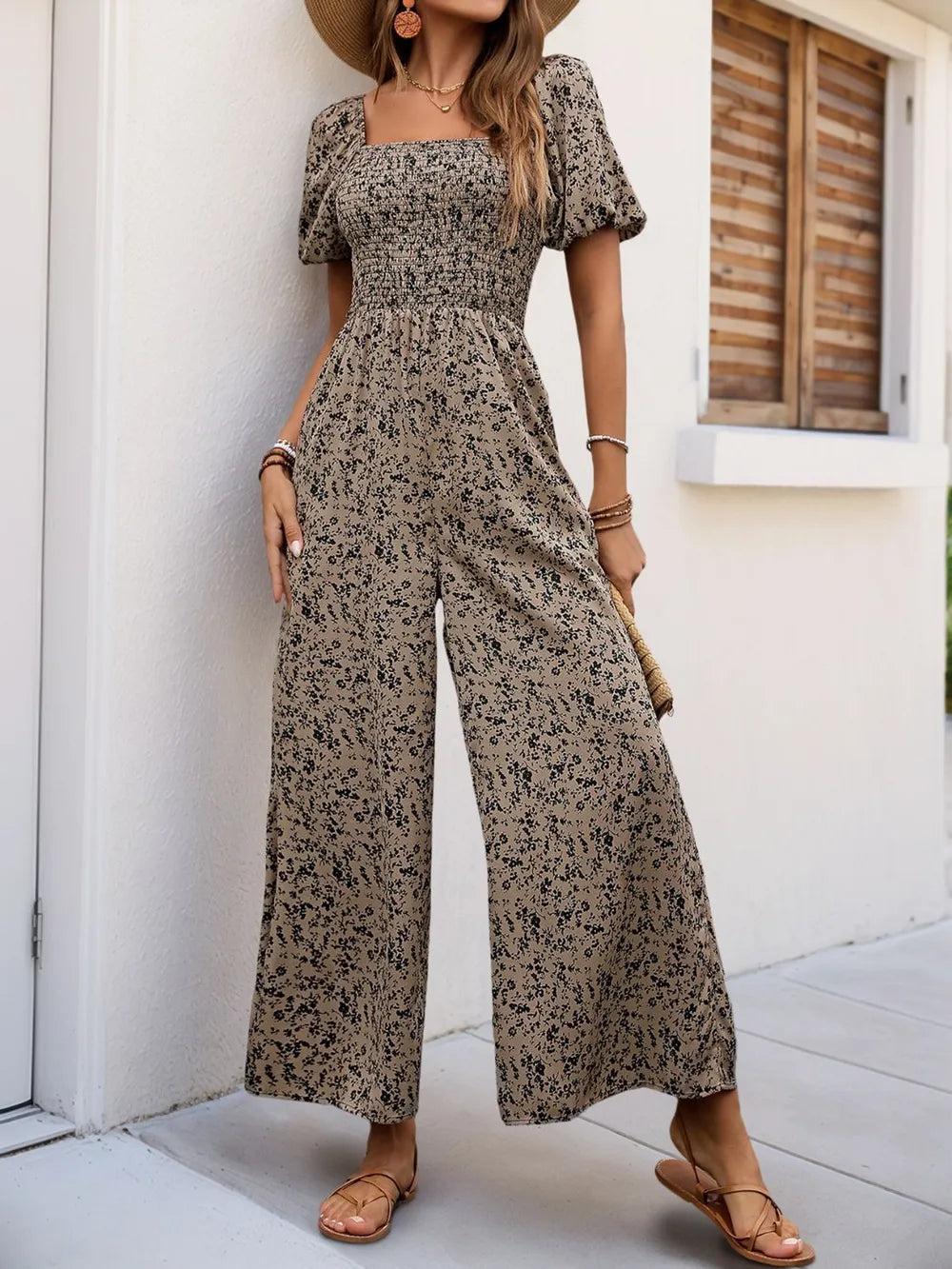 Taupe smocked square-neck jumpsuit with puff sleeves and allover print, wide-leg