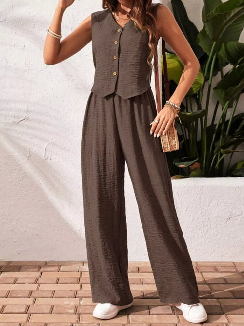 Button-down vest and wide-leg pants set, dark brown sleeveless with button front