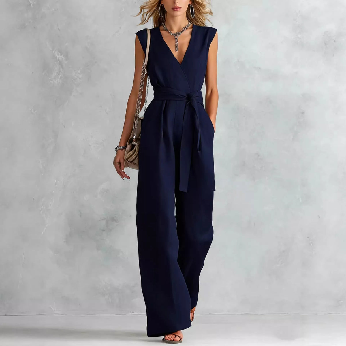 Navy sleeveless wide-leg jumpsuit with V-neck and self-tie belt, tailored waist and flared legs