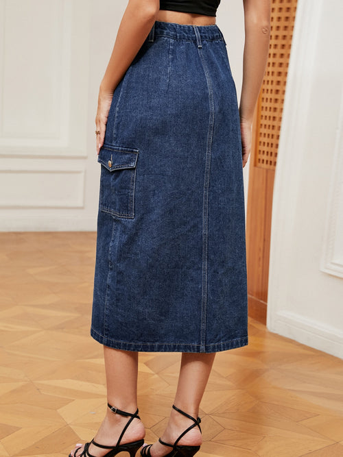 Denim midi skirt in medium blue with front button placket and cargo patch pocket