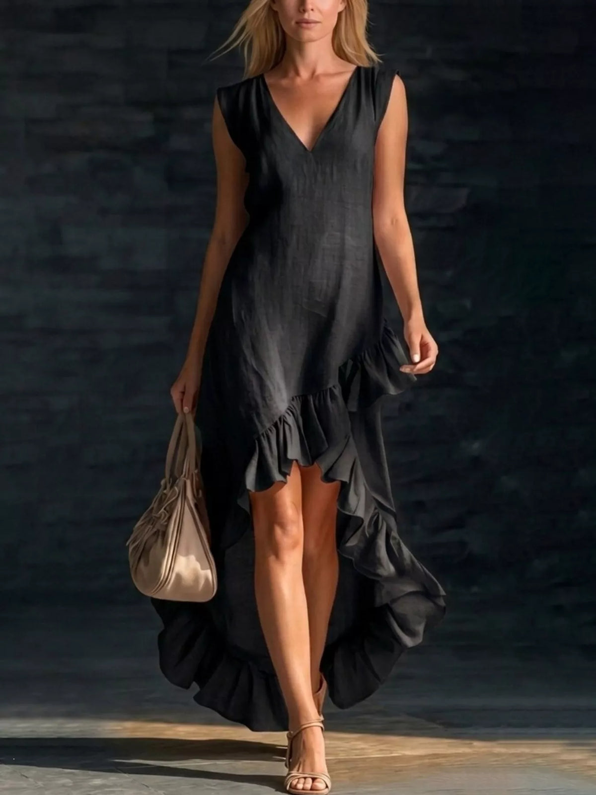 Black sleeveless V-neck dress with asymmetrical tiered ruffle hem