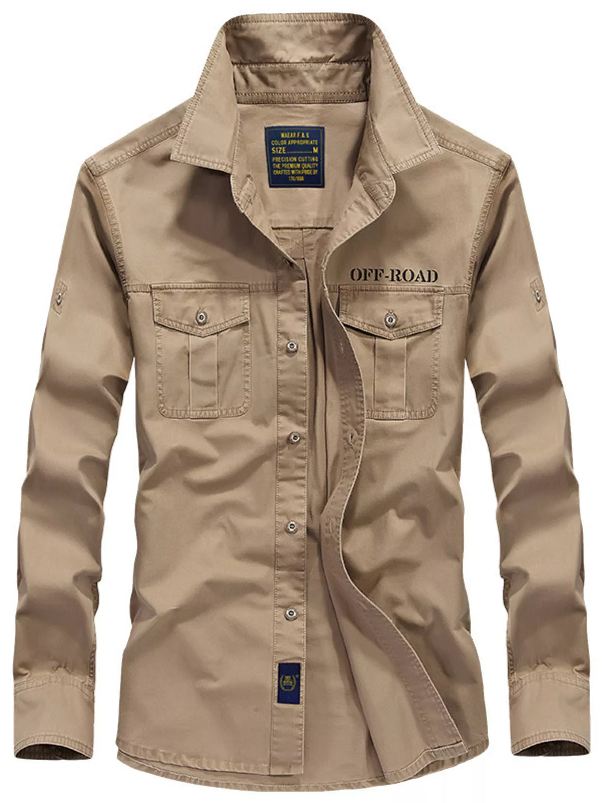 Men's khaki/tan long-sleeve button-up shirt with two chest pockets and button front