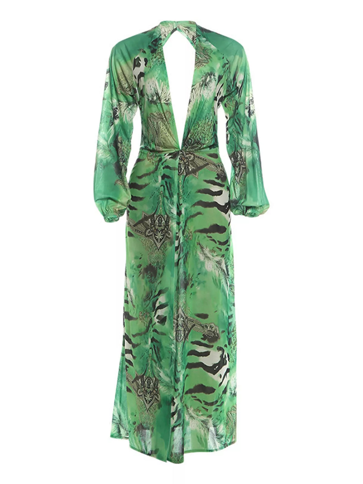 Green printed deep V-neck maxi dress front view with long sleeves and waist tie