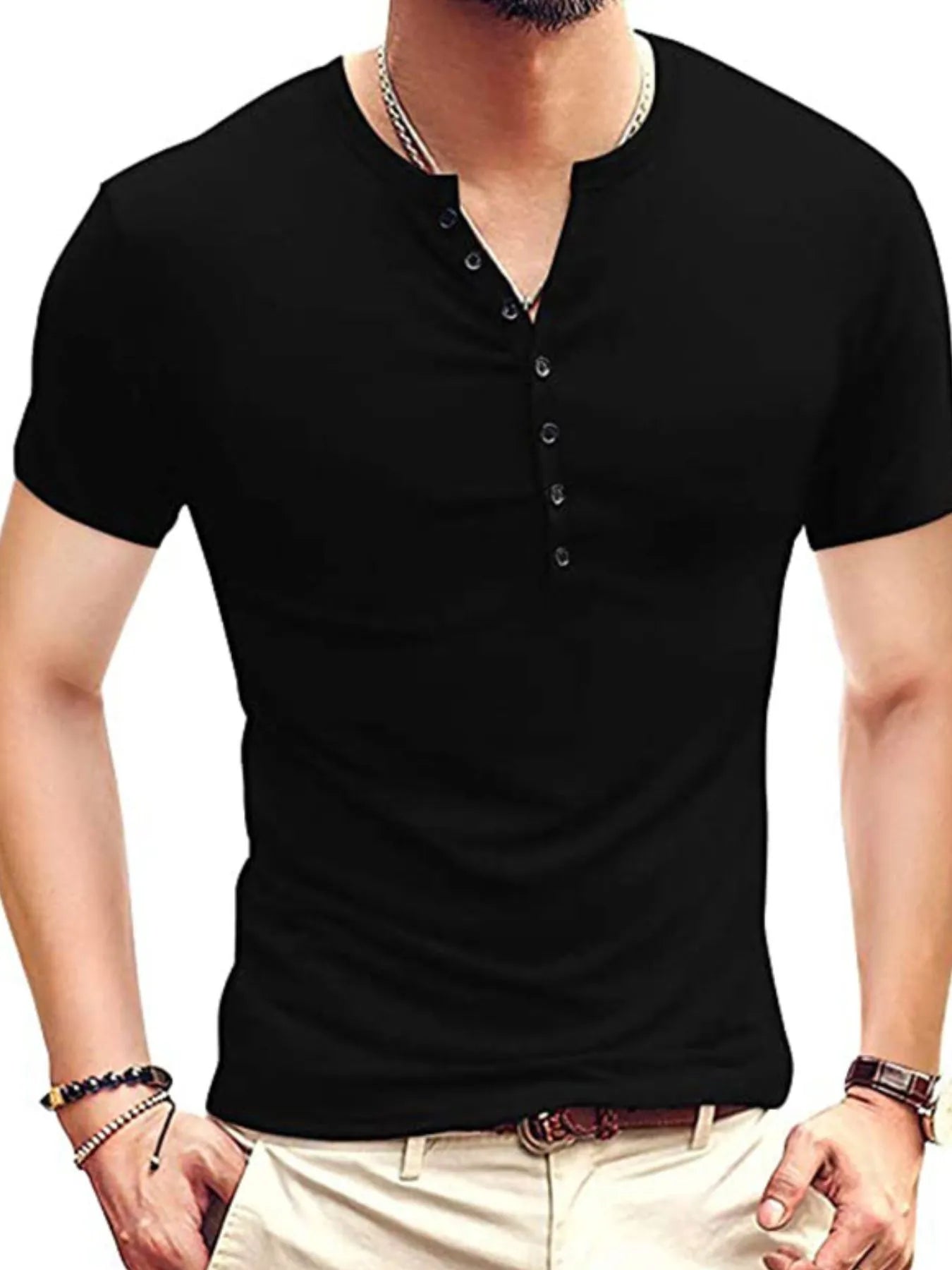 Black henley short-sleeve polo shirt with button placket at the neckline