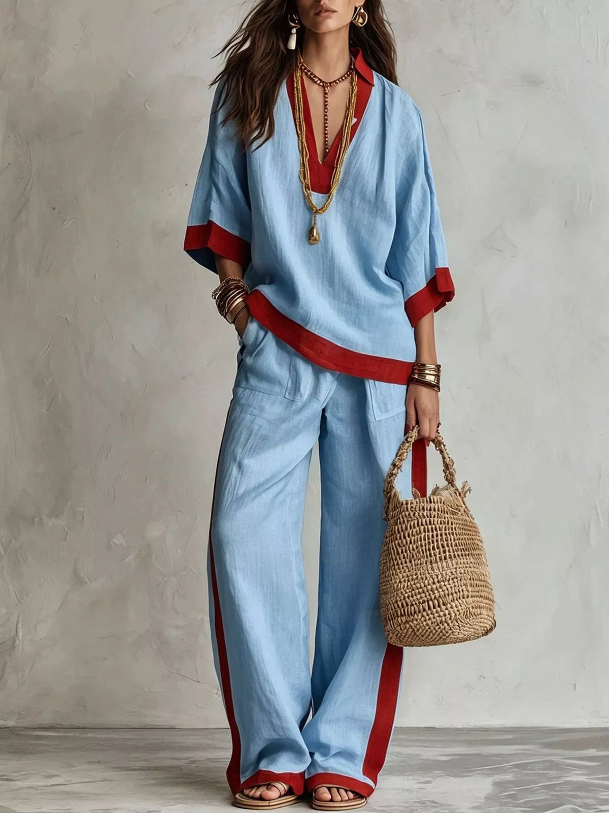 Light blue top and wide-leg pants set with red contrast trim, relaxed wide fit