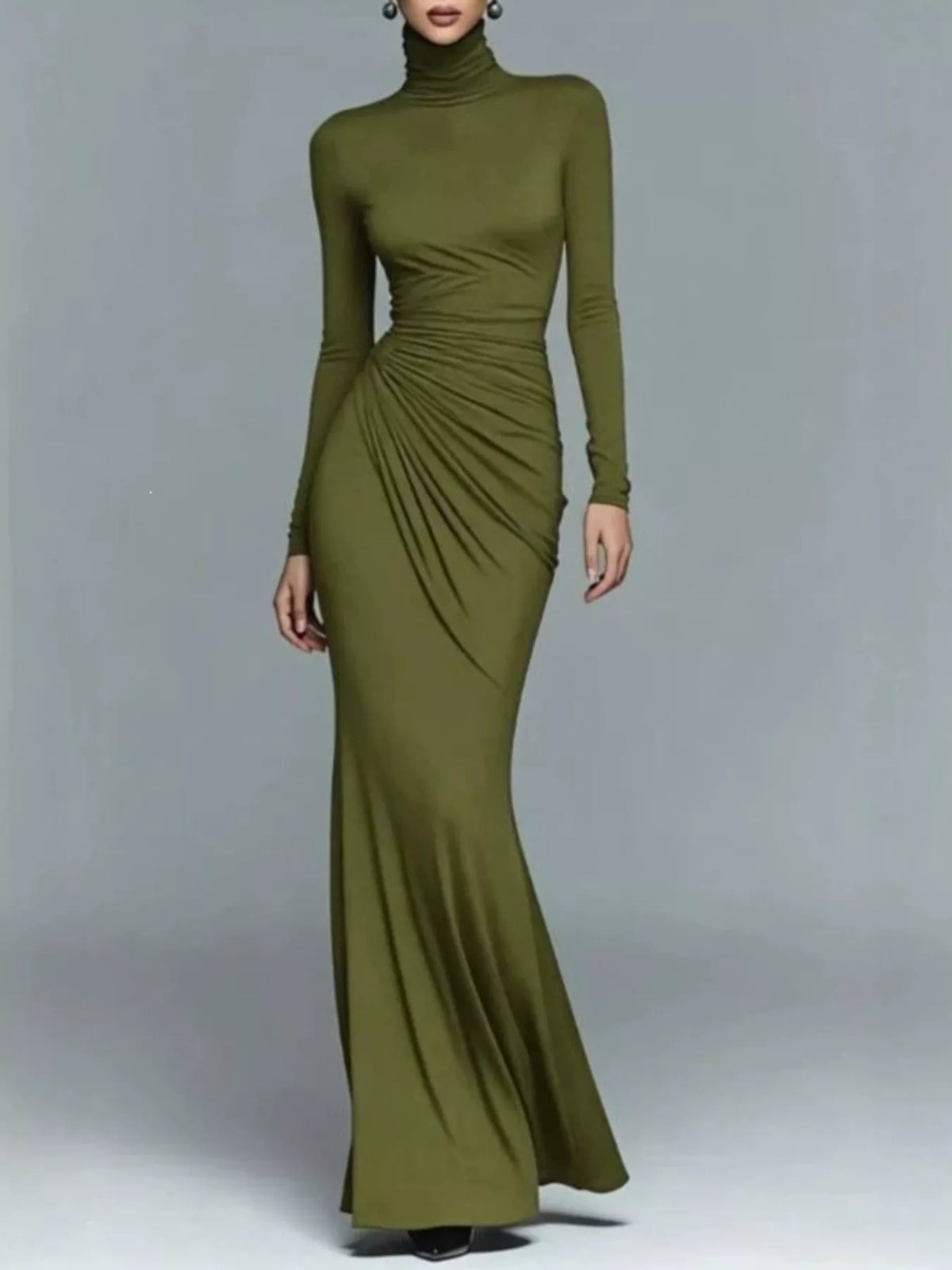 Olive green ruched turtleneck long-sleeve stretch maxi dress with gathered side