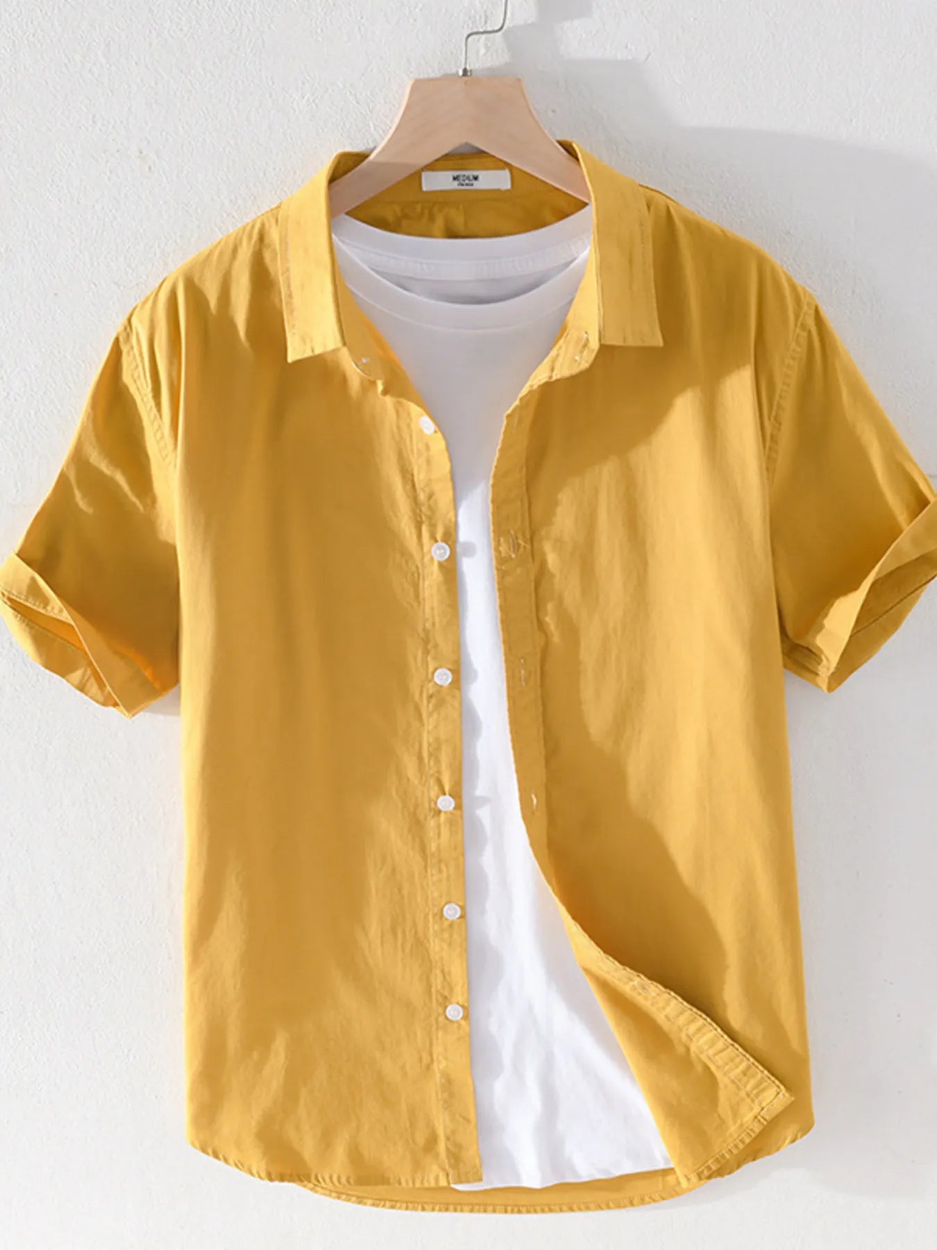 Men's short sleeve button-up shirt, mustard yellow with front buttons and collar
