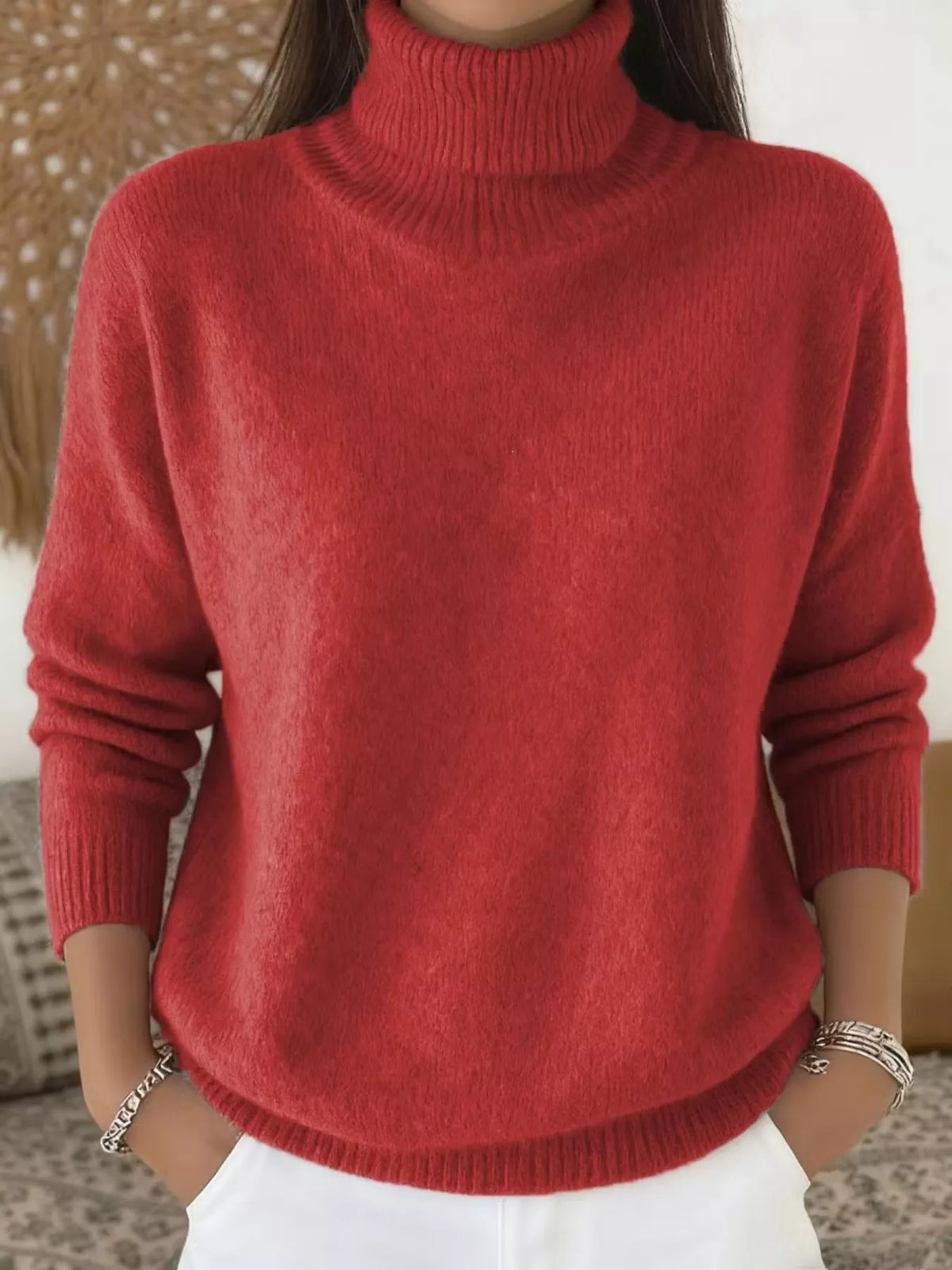 Red turtleneck long-sleeve sweater with ribbed hem and cuffs