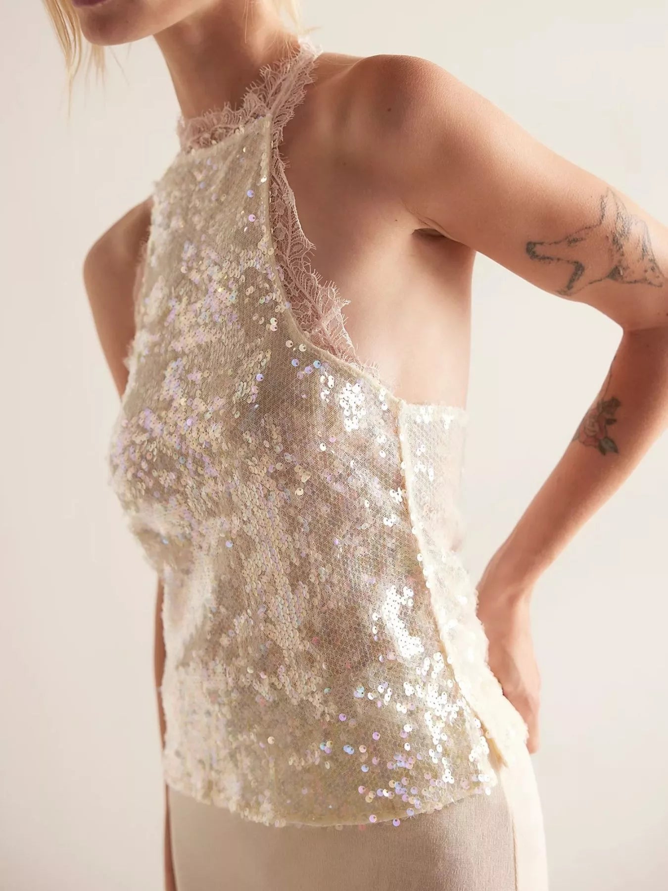 Cedar & Moore Sequin Lace Trim Halter Neck Cami in champagne color