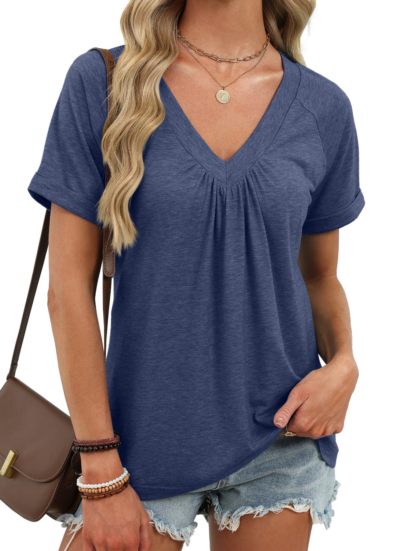 Cedar & Moore Casual V-Neck Short Sleeve T-Shirt in blue with ruched front detail