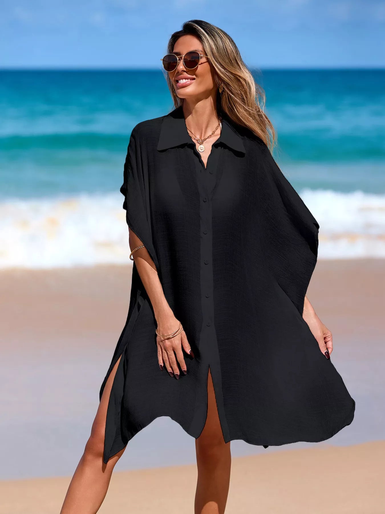 Black relaxed-fit button-up cover-up dress with short sleeves and front buttons
