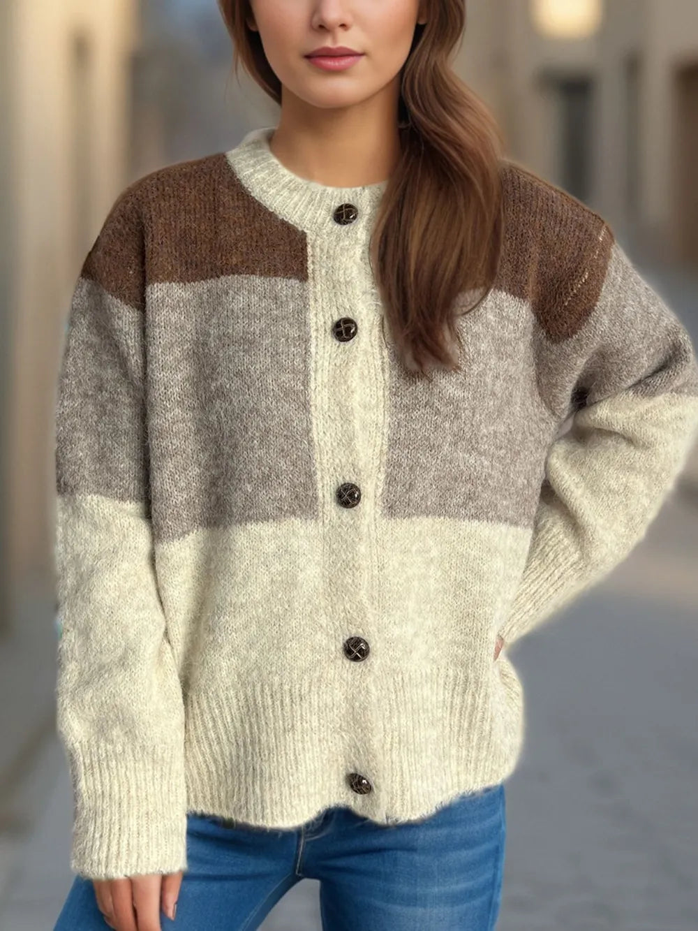 Color block round neck button-up cardigan, brown, gray, and cream knit with dark buttons