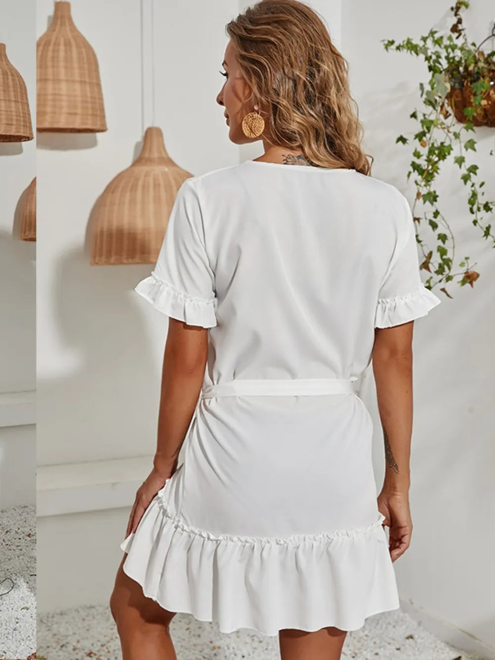 Tied Frill Short Sleeve Mini Dress in white by Trendsi with waist tie and frilled hem