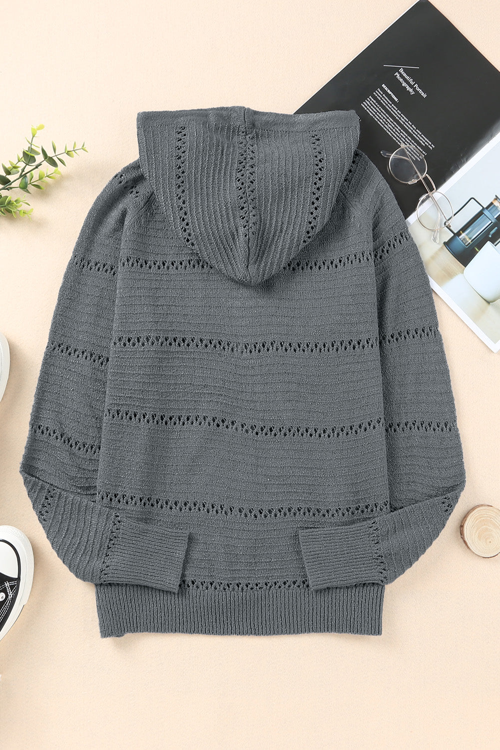 Openwork hooded zip-up cardigan in gray knit with ribbed hem and cuffs