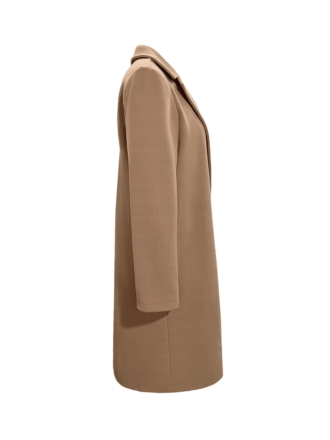 Camel long coat side view with collared neckline and long sleeves