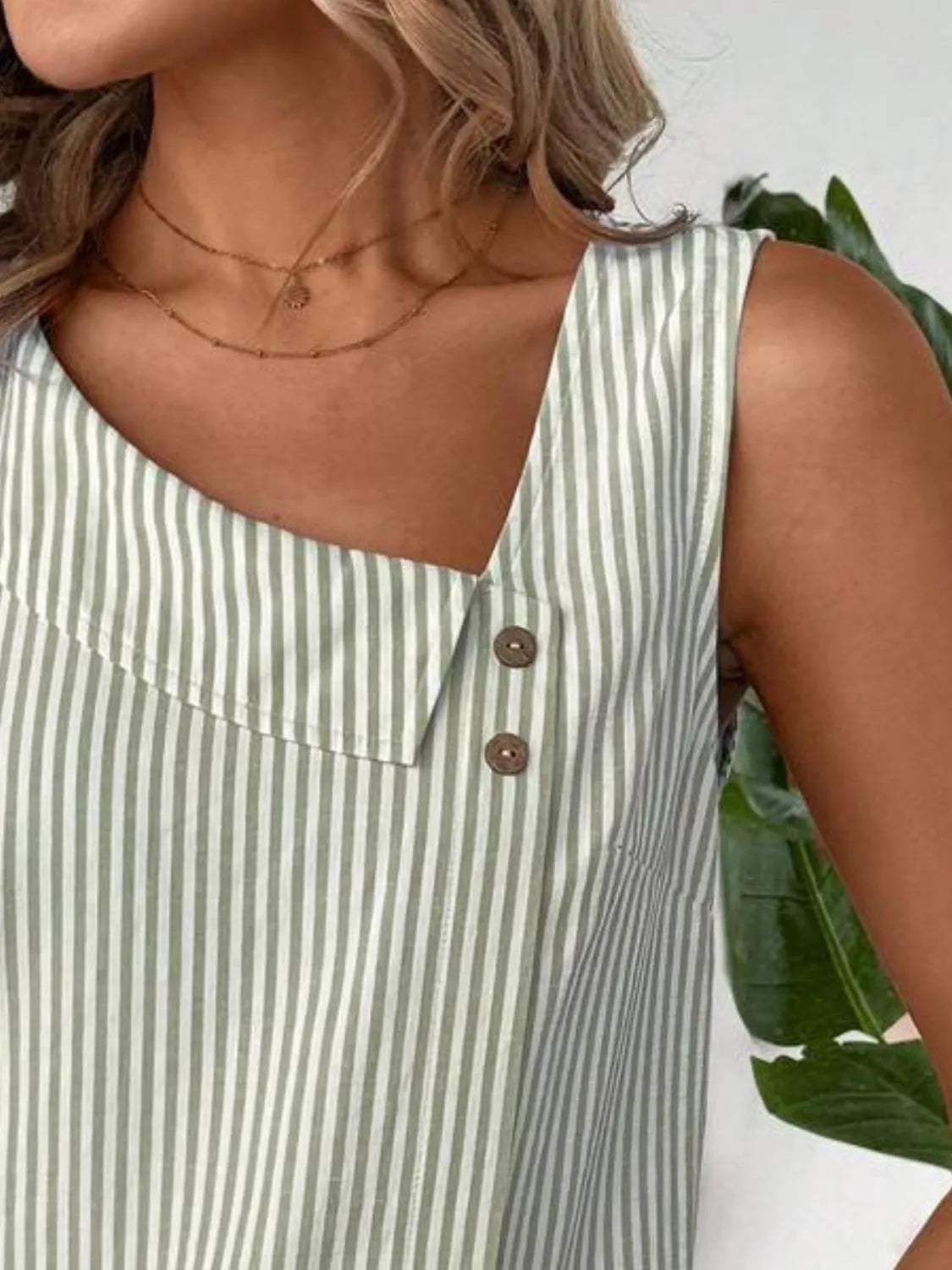 Light blue and white striped tank top with square yoke and two-button placket