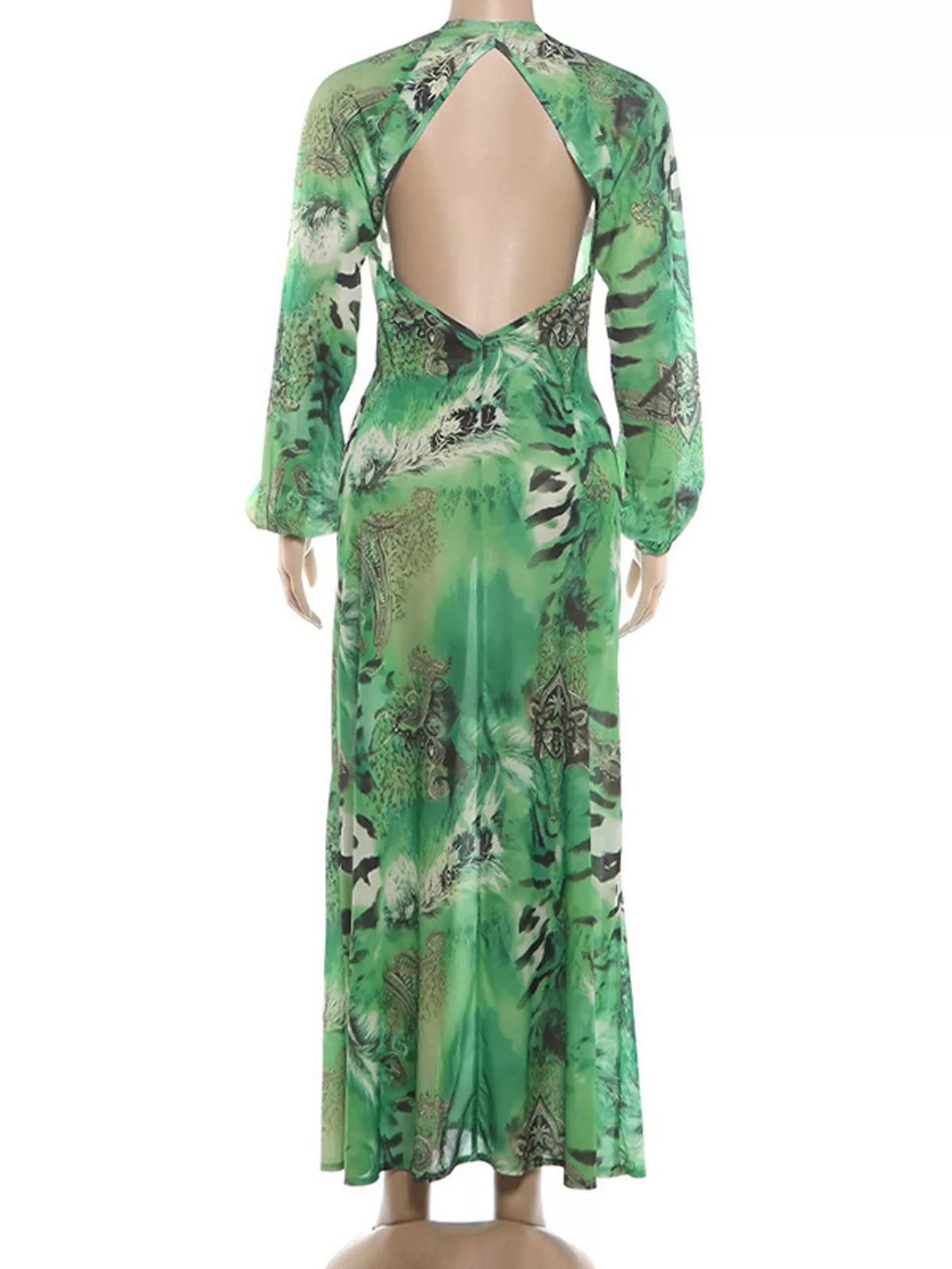 Green printed long-sleeve maxi dress showing open back and draped V-shape neckline