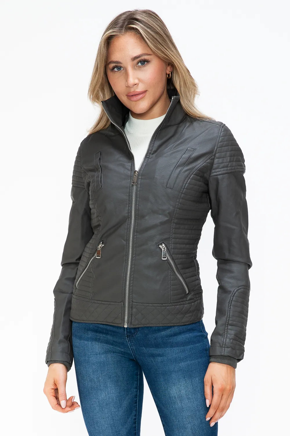 Charcoal double-zip quilted jacket with stand collar and two front zip pockets