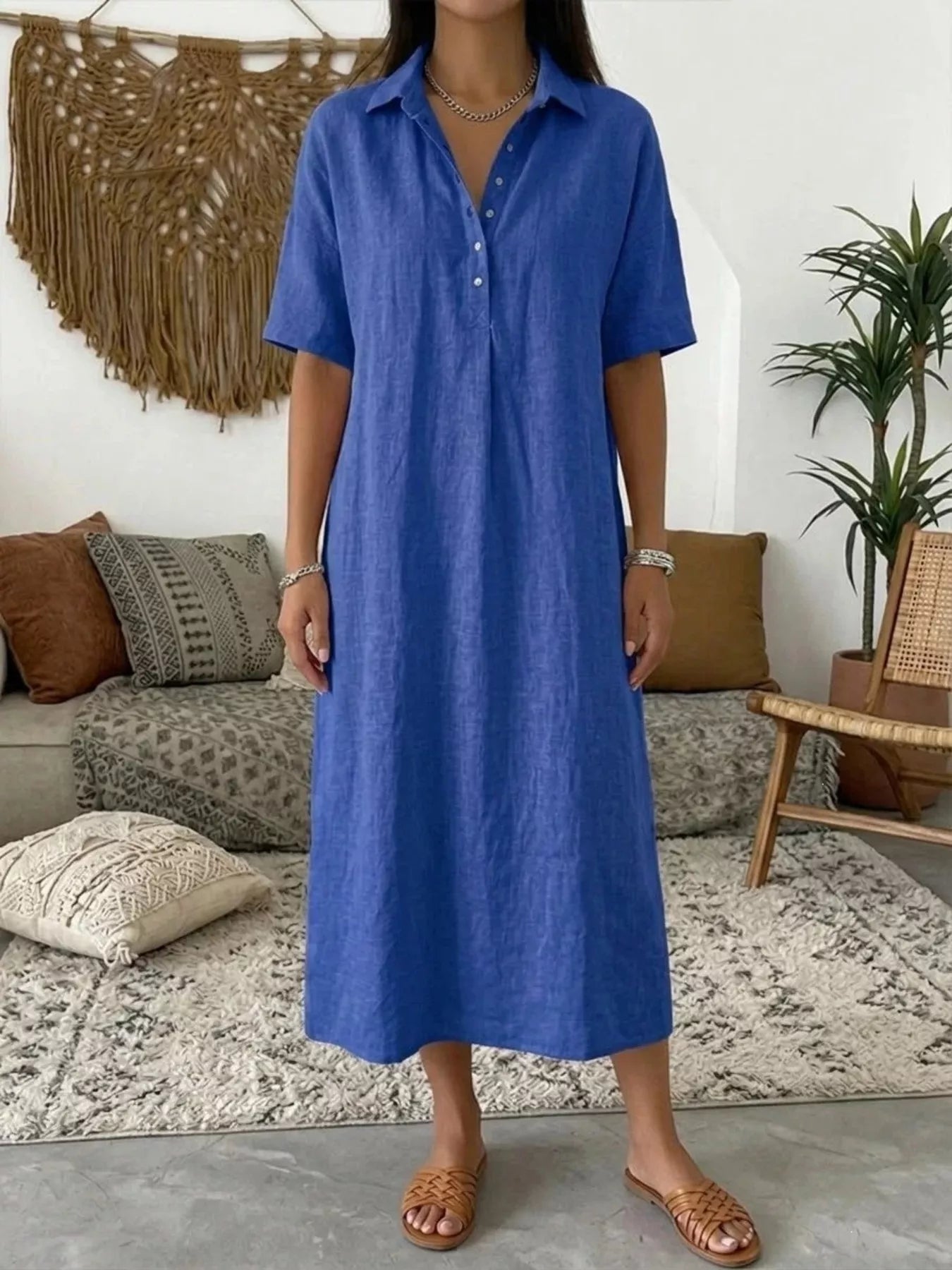 Blue button-detail half-sleeve midi dress with V-neck front button placket