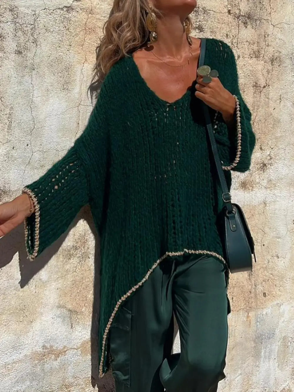 Dark green V-neck long sleeve sweater with openwork knit and contrast trim