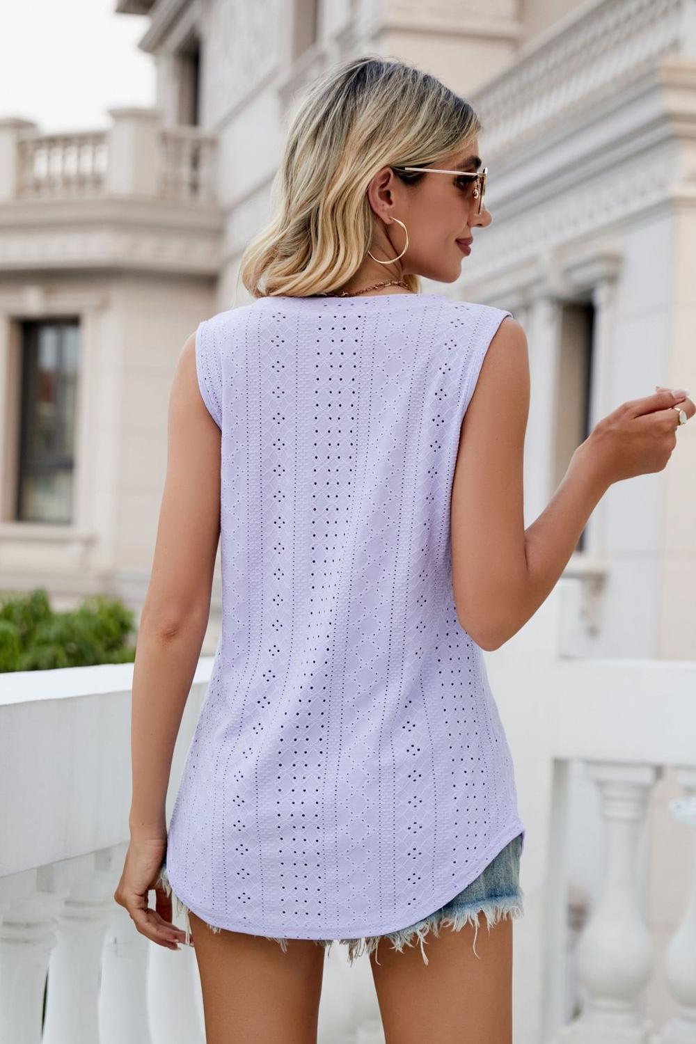 Lavender eyelet V-neck tank top, back view with eyelet panel and sleeveless cut